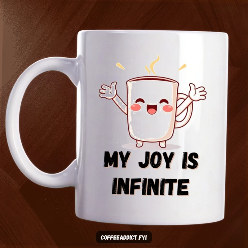 Funny Kawaii Coffee Mug overflowing with joy, arms spread wide in a gesture of pure delight, perfect for mug lovers.