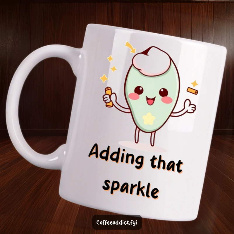 Funny Kawaii Coffee Spoon Mug showing a character giving a delighted flourish with a tiny jingle, perfect for coffee drinkers.