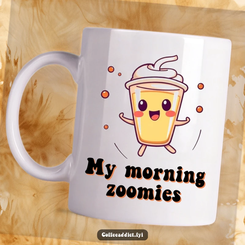 Funny Kawaii Espresso Shot Mug with a character zipping around energetically, conveying speed and excitement for coffee lovers.