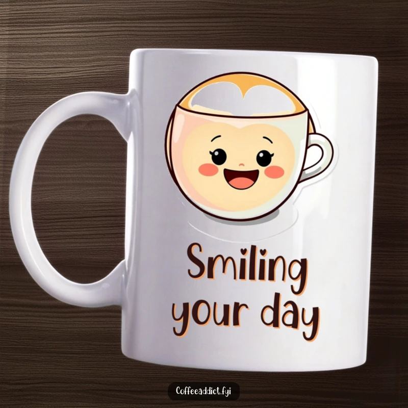 Funny Kawaii Latte Art Mug showing a character forming a cheerful smiley face within a coffee cup, bringing joy.