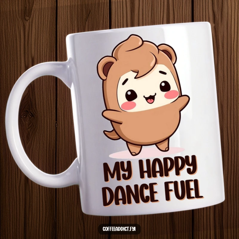 Funny Kawaii mocha mug featuring a giggling character doing a joyful wiggle, perfect for a morning coffee pick-me-up.