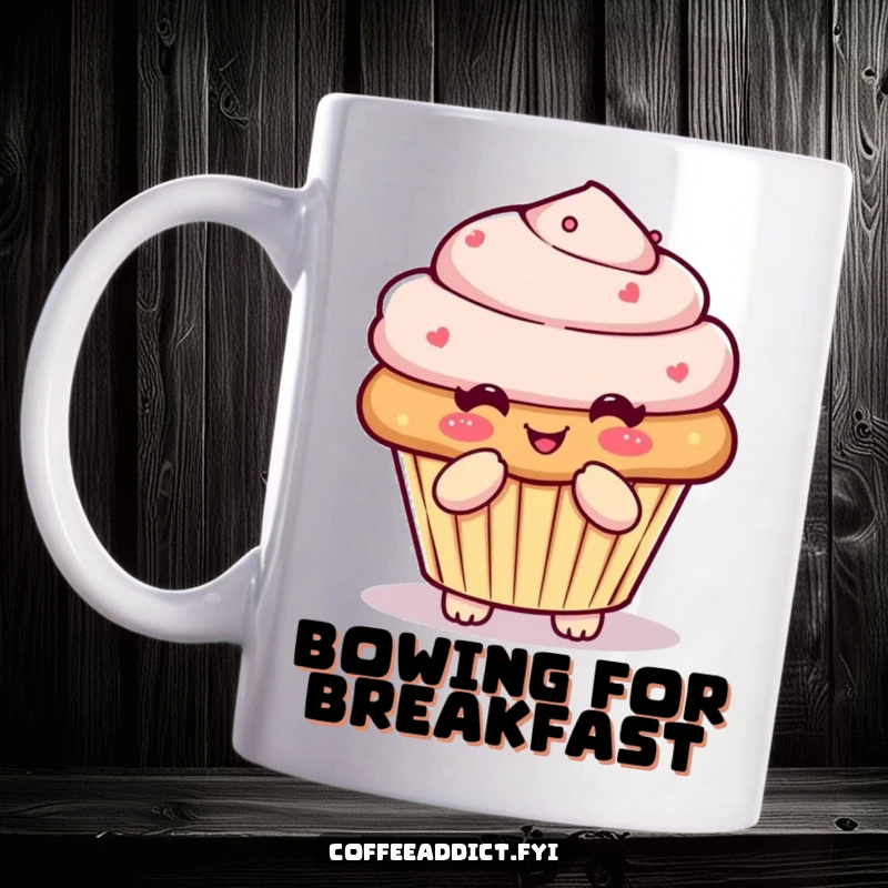 Funny Kawaii muffin mug featuring a character doing a pleased little bow, adding a sweet touch to your drink.
