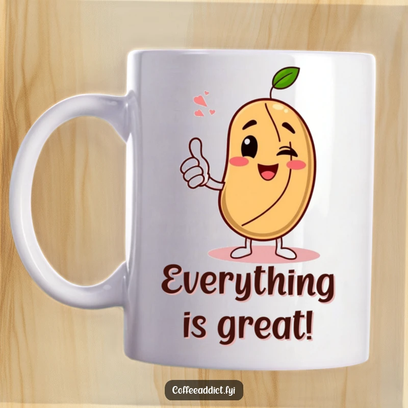 Funny Mug: Coffee bean character enthusiastically giving a thumbs-up and winking, symbolizing approval and positivity.