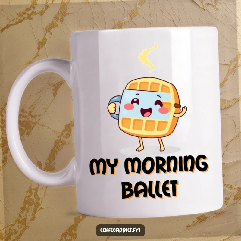 Funny mug featuring a happy waffle carefully tiptoeing while holding a steaming mug of coffee.