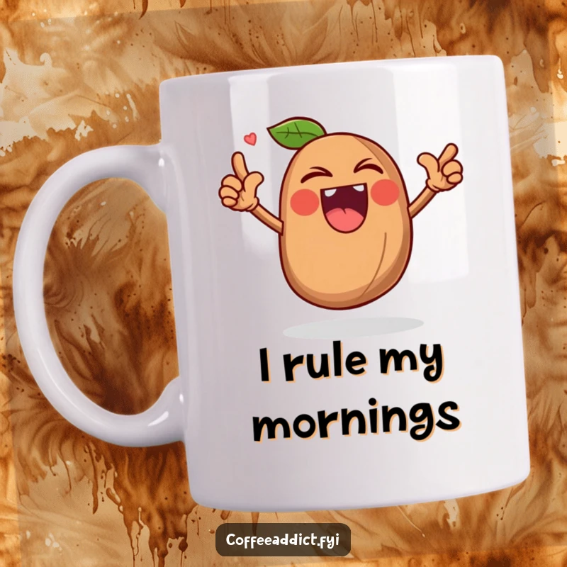 Funny coffee bean mug depicting a character roaring triumphantly, embodying powerful coffee energy.