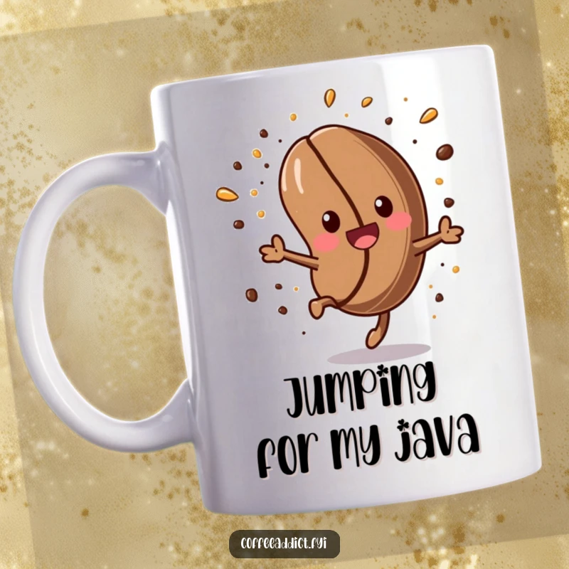 Funny Kawaii Coffee Bean Mug: Energetic coffee bean doing a somersault with sprinkles, celebrating coffee joy.