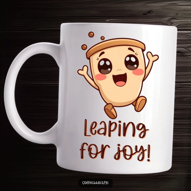 Funny kawaii coffee character mug with big excited eyes performing a joyful leap, radiating pure happiness.