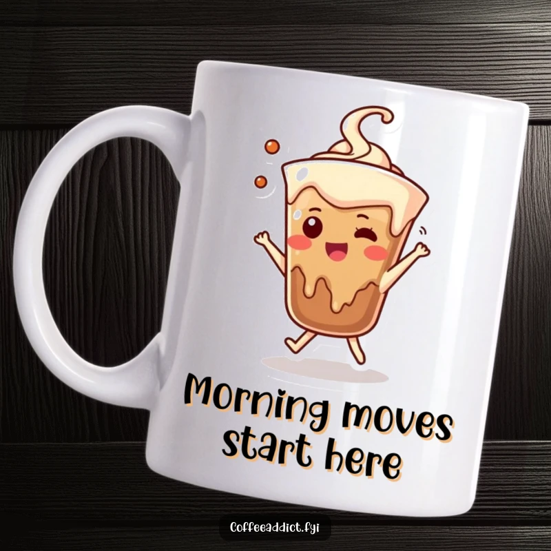 Funny coffee drip mug featuring an adorably dancing character, bringing energy and humor to your morning cup.