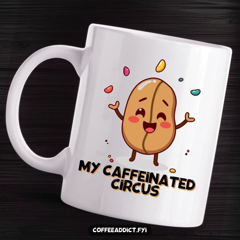 Funny mug featuring a giggling coffee bean expertly juggling three colorful and vibrant sprinkles.