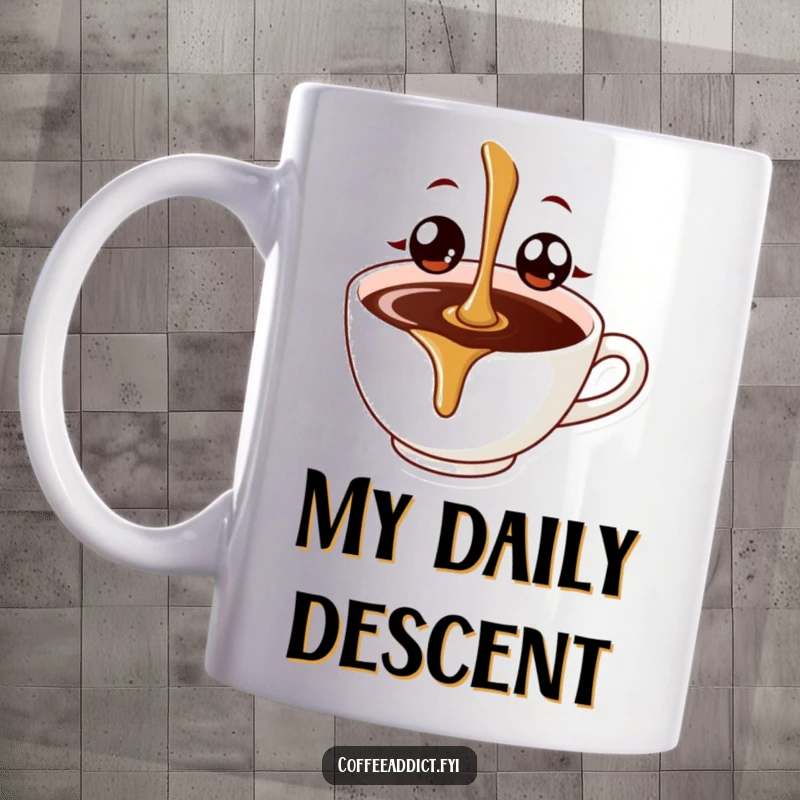 Funny coffee drip with big, happy eyes joyfully falling into a coffee cup, a delightful and humorous design for morning cups.