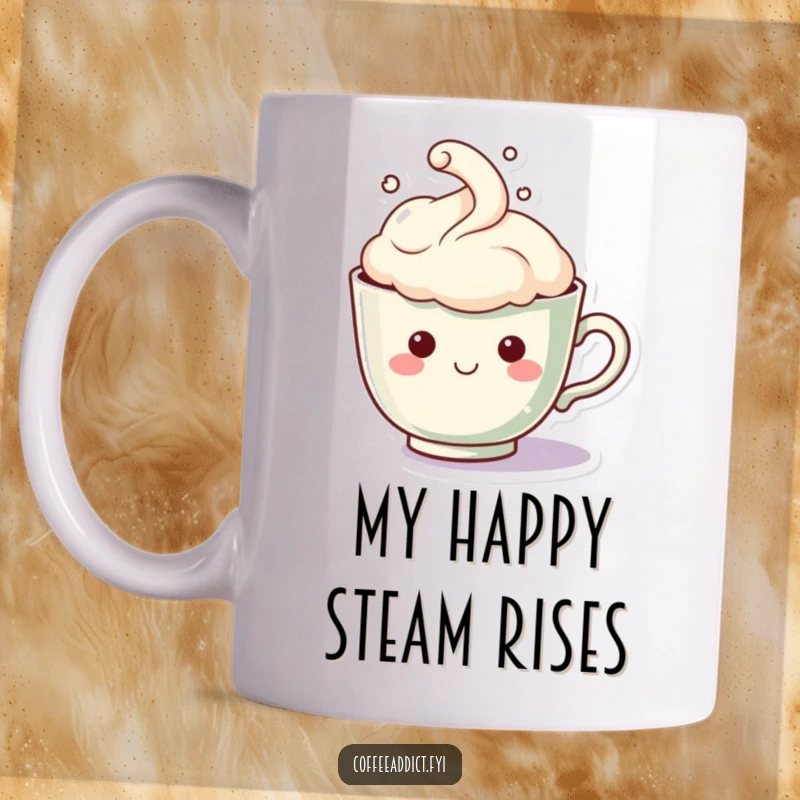 Funny Kawaii Teacup Mug: Adorable teacup character with a steam cloud forming a joyful, smiling face, radiating warmth.