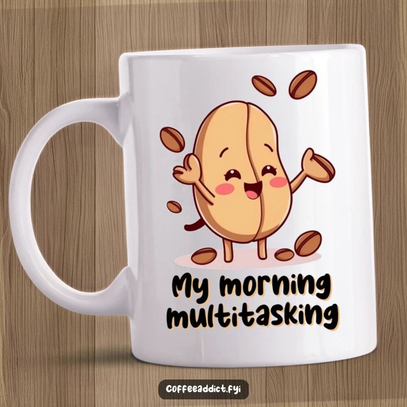 Funny coffee mug showing a cheerful coffee bean skillfully juggling three tiny beans, embodying playful energy and morning fun.
