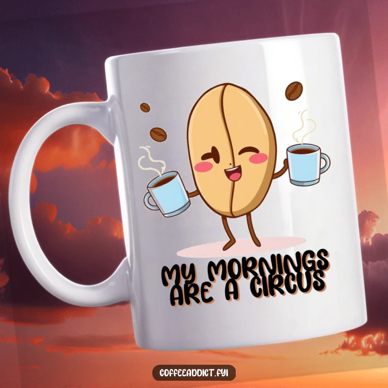 Funny coffee bean winking and energetically juggling three steaming coffee mugs, showcasing a playful and chaotic morning vibe.