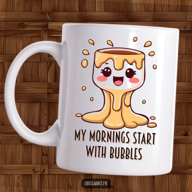 Funny Kawaii Coffee Drip Mug featuring a cute character joyfully making a bubbly cascade, perfect for a happy coffee lover's gift.