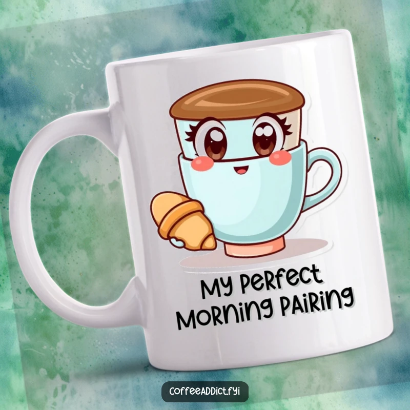 Funny Kawaii Coffee Cup Mug: Happy coffee cup with wide eyes, holding a tiny croissant, radiating morning cheer.