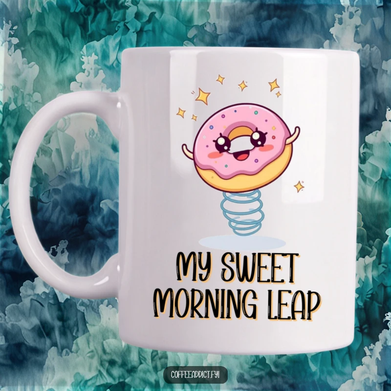 Funny mug featuring a donut with starry eyes bouncing enthusiastically on a spring, symbolizing joy.