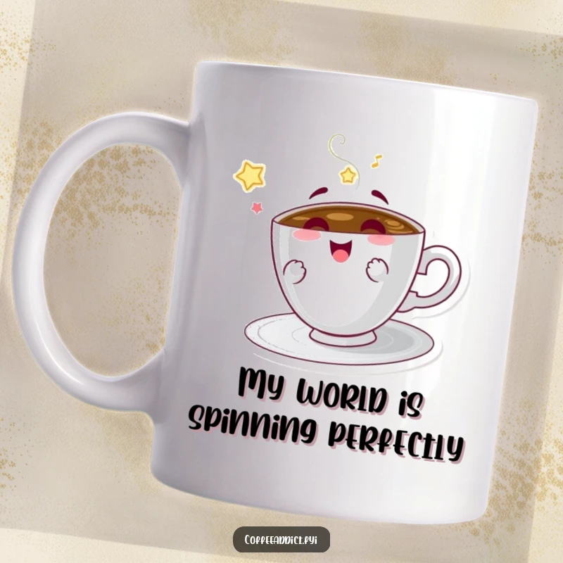 Funny coffee saucer mug featuring a character spinning with delight, perfect for adding cheer to coffee time.