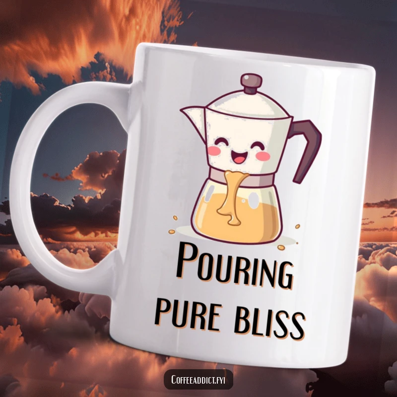 Funny kawaii coffee pot with a wide smile pouring a cascade of coffee into a mug.