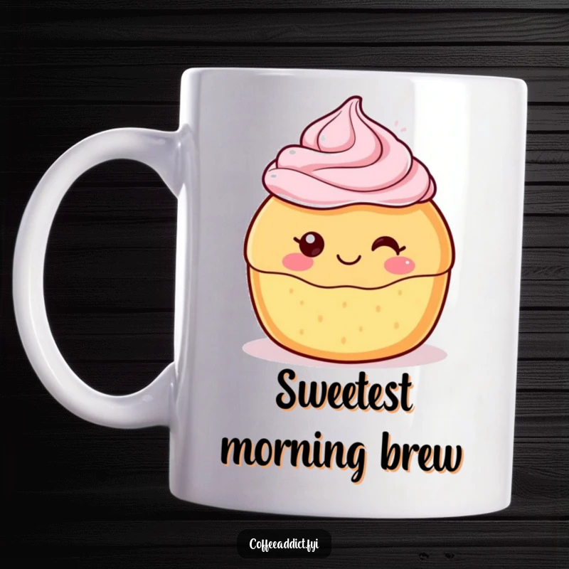 Funny Kawaii Pastry Mug featuring a cute dessert character with a delighted swirl of frosting, perfect for sweet treat lovers.