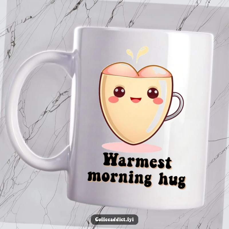 Funny Kawaii Latte Art Mug featuring a cute heart character glowing warmly, symbolizing love and warmth, perfect for cozy moments.