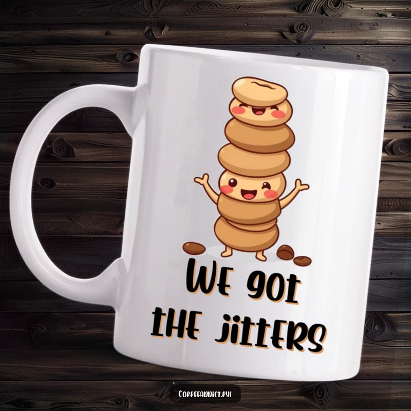 Funny mug showing a stack of happy, wobbly coffee beans in a silly pose, representing morning energy.