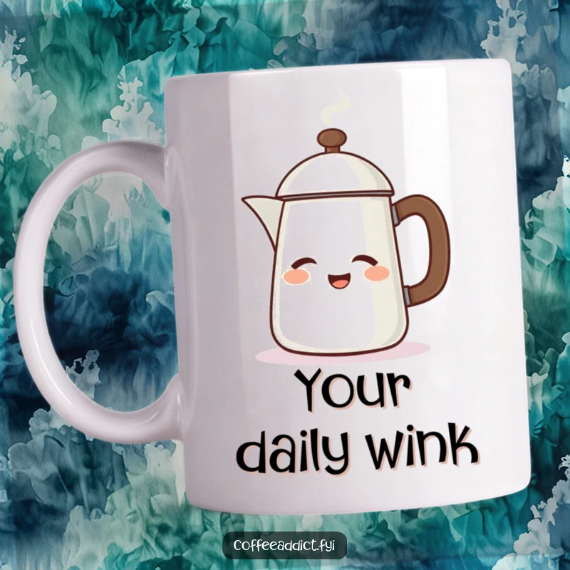 Funny mug showing a steaming coffee pot character winking energetically, ready to serve a hot brew.