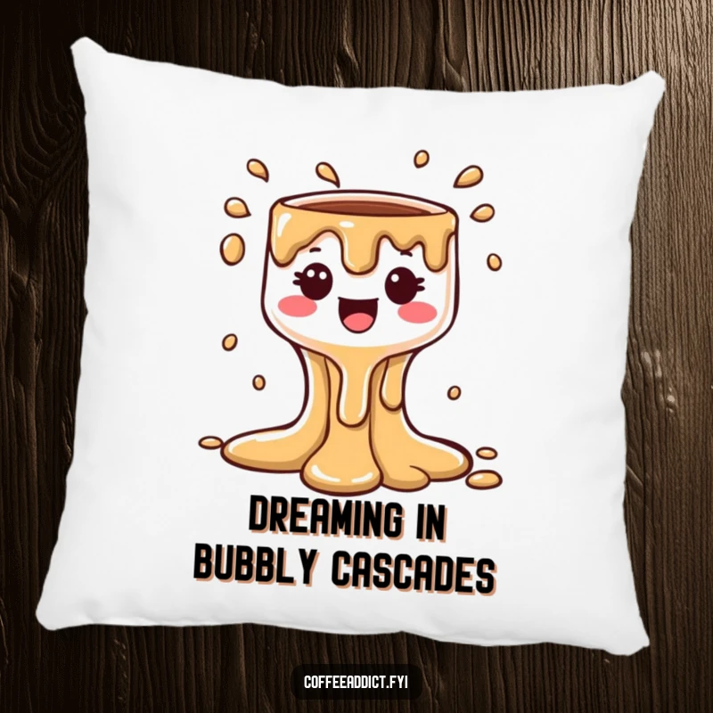 Funny Kawaii Coffee Drip Pillow with a cheerful character and bubbly cascade, offering comfort and a dose of humor as a gift.