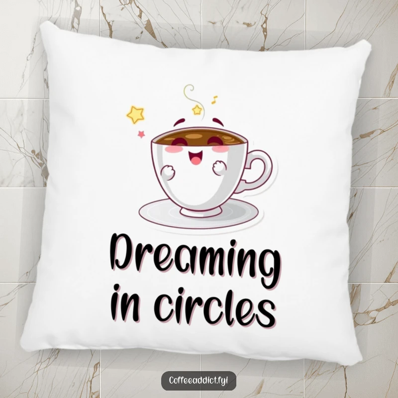 Funny pillow featuring a spinning coffee saucer character, bringing comfort and a playful vibe.