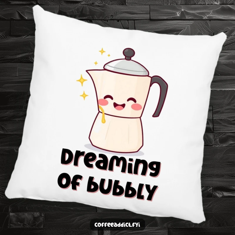 Funny Kawaii Coffee Pot Pillow featuring a character gleefully pouring sparkling liquid, providing comfort and a humorous touch.