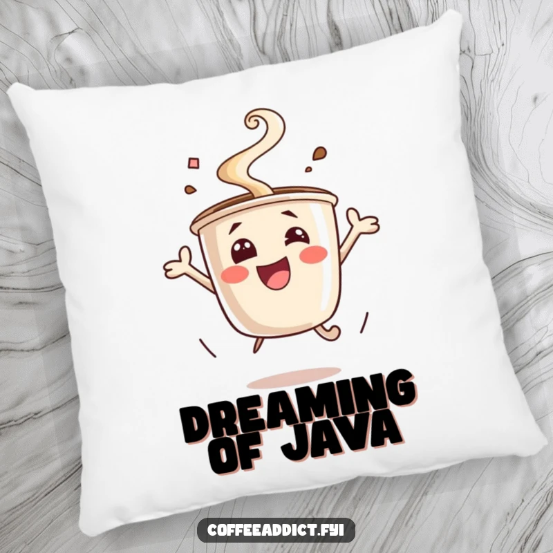 Funny excited coffee cup pillow, steam rising, jumping for joy. A soft, humorous decor piece that radiates happiness, great for gifting.