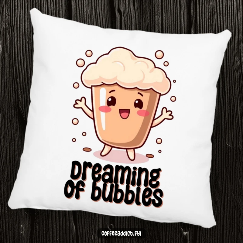 Funny Pillow featuring a coffee cup overflowing with bubbly foam doing a playful dance, offering plush comfort and cheerful humor.