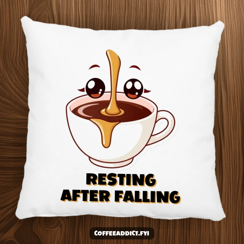 Funny coffee drip with huge, happy eyes falling into a cup, designed as a soft and huggable throw pillow.