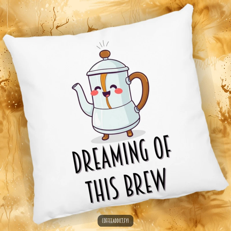 Funny Pillow: Steaming coffee pot character pouring a stream of dancing coffee, providing humorous comfort and playful decor.