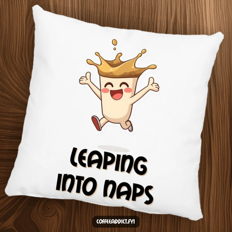 Funny pillow design of a coffee splash character leaping with enthusiasm, adding cheerful energy and comfort to any room.