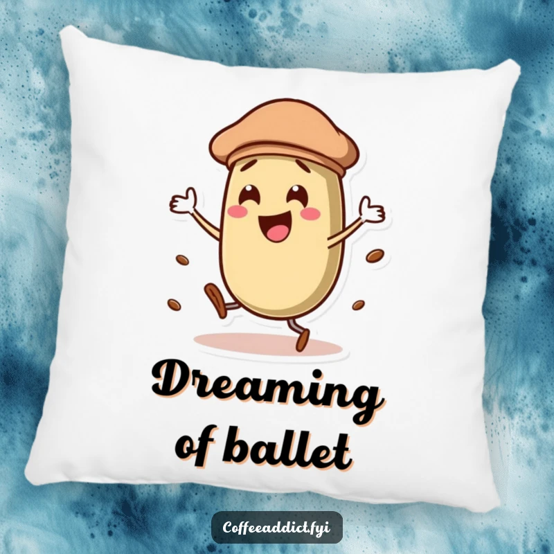 Funny coffee bean character in a beret, dancing joyfully on a plush pillow, adding a touch of artistic charm to comfort.