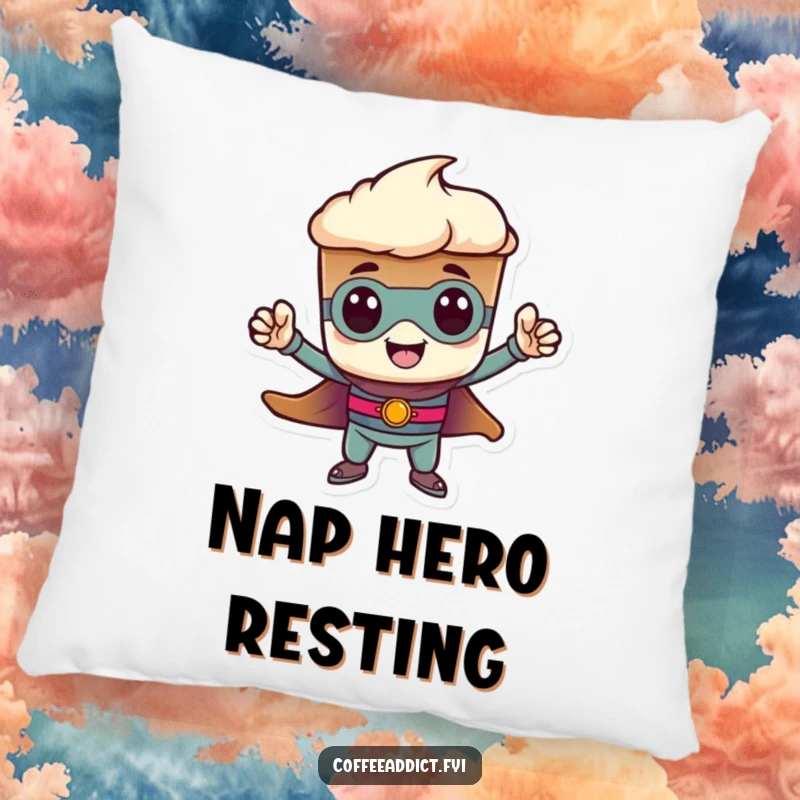 Funny heroic espresso shot pillow, striking a tiny pose. A soft, humorous decor piece radiating courage, great for gifting.
