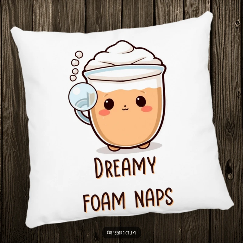 Funny Kawaii cappuccino pillow with a character blowing a playful bubble of foam, providing comfort and whimsical vibes.