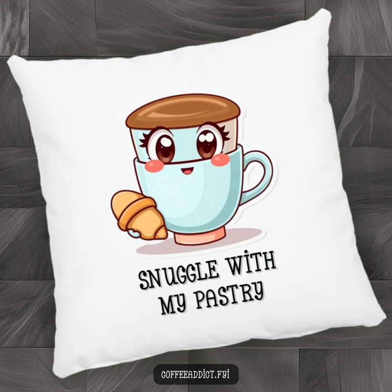 Funny Kawaii Coffee Cup Pillow: Soft and plush, featuring a happy coffee cup holding a tiny croissant, perfect for cozy comfort.