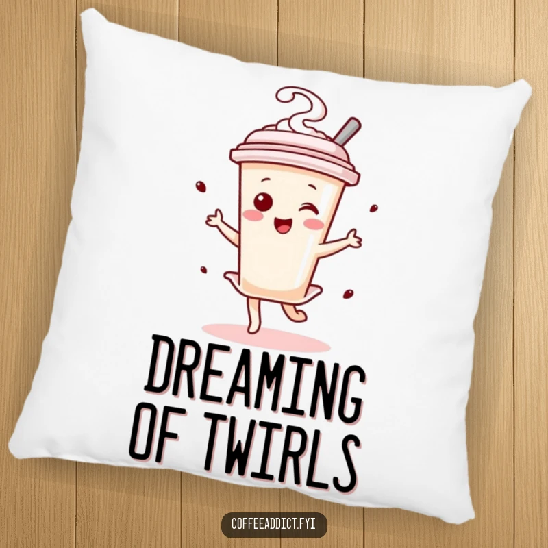 Funny Kawaii Coffee Stirrer Dancer Pillow showing a small character doing a spirited twirl, perfect for adding comfort and humor.