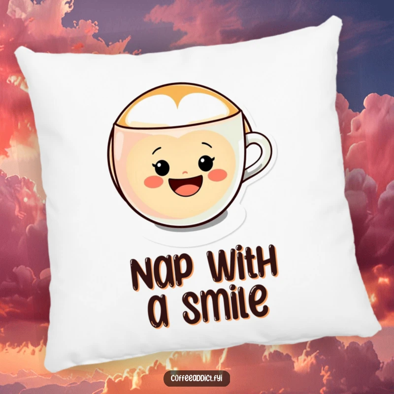 Funny Kawaii Latte Art Pillow with a character forming a cheerful smiley face in a coffee cup, perfect for comfort.