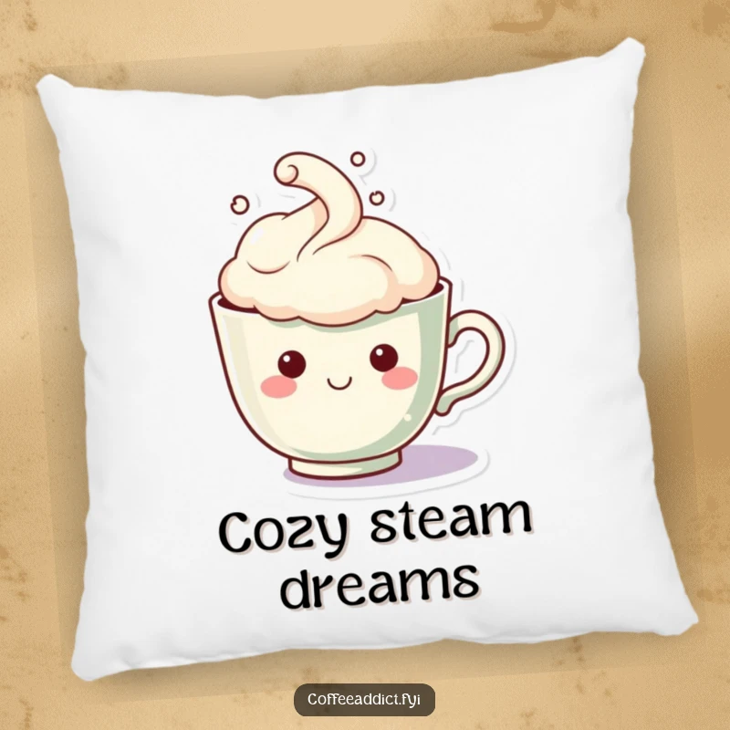 Funny Kawaii Teacup Pillow: Soft cushion featuring a teacup character with a steam cloud forming a happy face, for humorous and cozy decor.