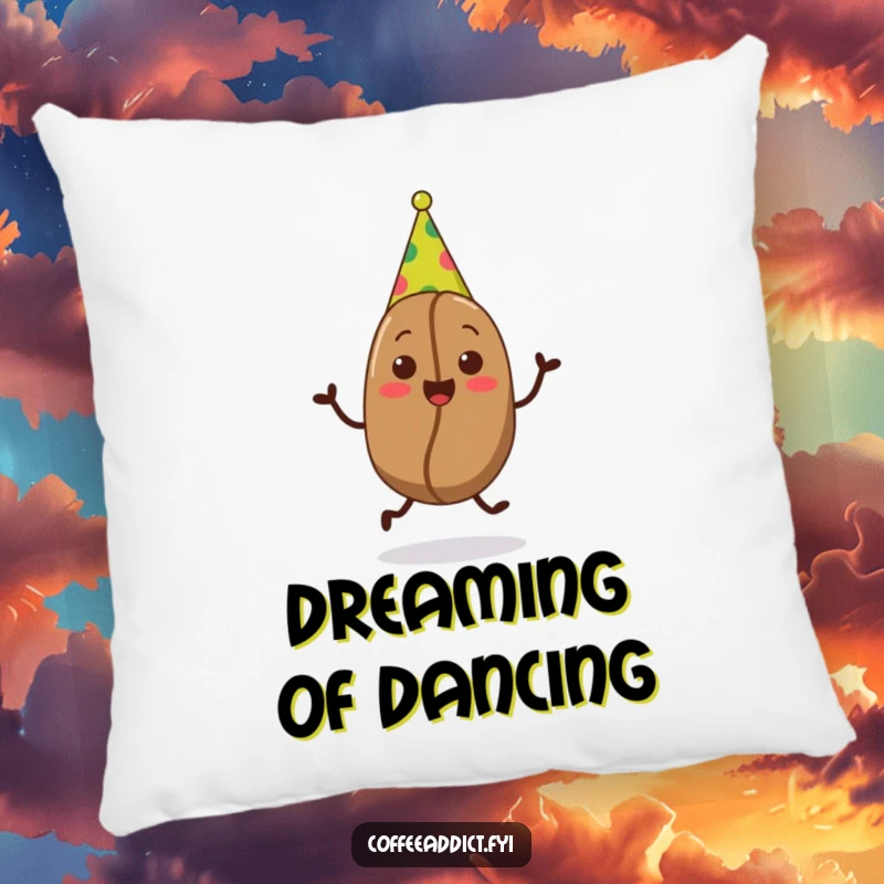 Funny decorative pillow featuring a coffee bean in a party hat doing a joyful jig, perfect for adding festive comfort.
