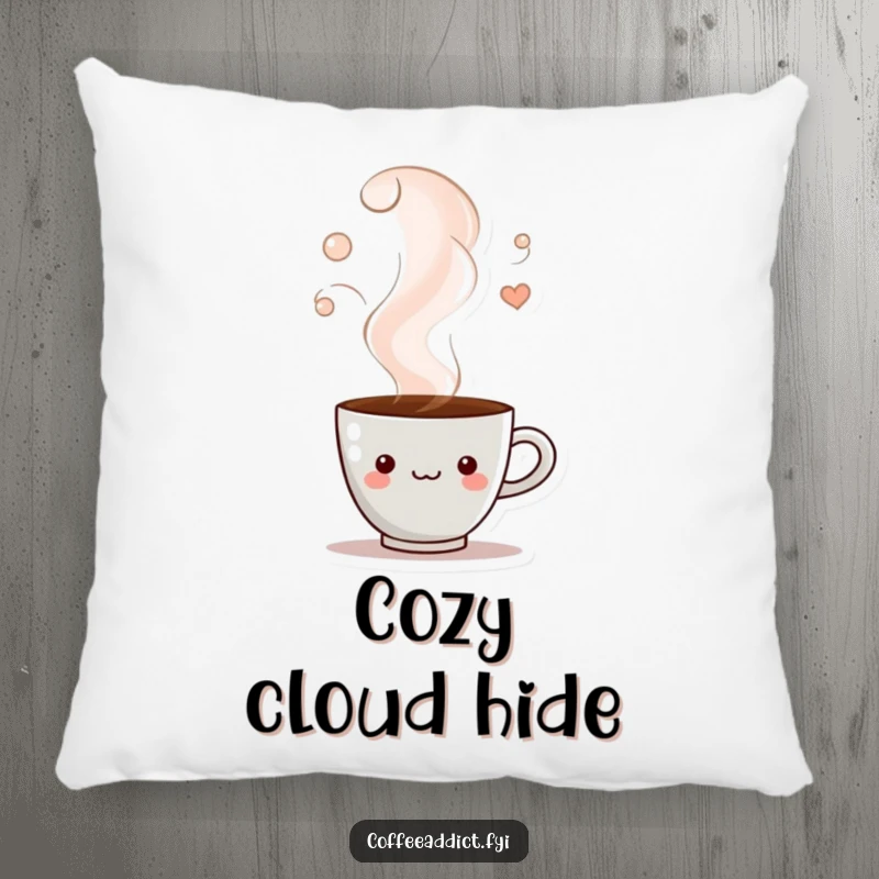 Funny pillow showcasing a coffee cup character peeking from steam, offering cozy comfort and a hint of playful mystery.