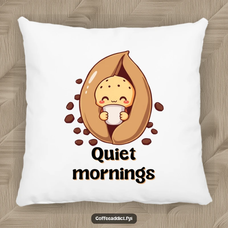 Funny shy muffin pillow featuring a muffin peeking from behind a giant coffee bean, holding a tiny cup.