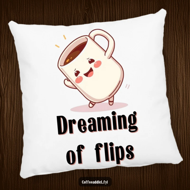 Funny decorative pillow featuring a coffee mug in a cheerful, mid-air somersault, perfect for adding playful comfort to furniture.