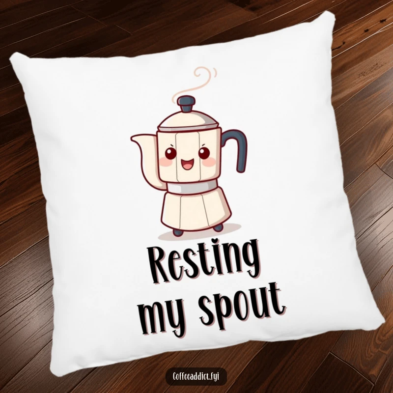 Funny decorative pillow featuring a steaming coffee pot character playfully tipping, perfect for adding a whimsical touch to furniture.