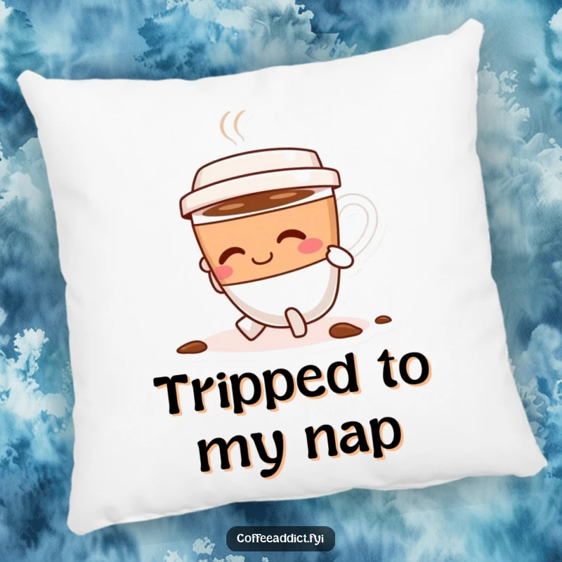 Funny coffee cup character tripping slightly, smiling and dusting itself off on a plush pillow, offering cozy encouragement.