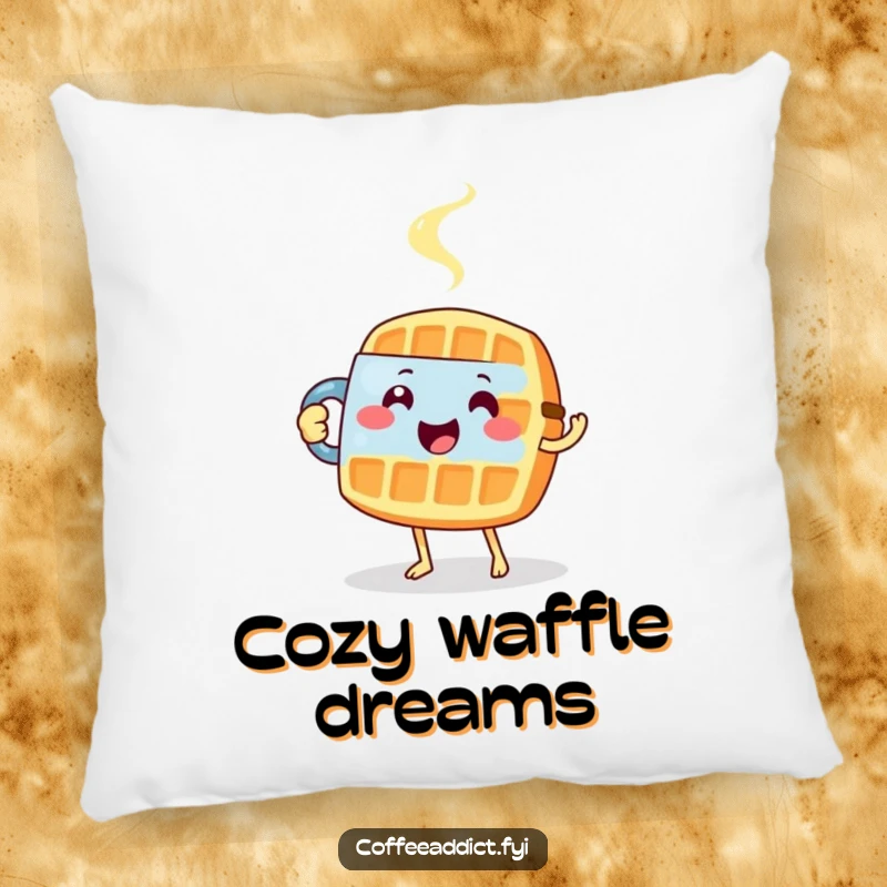 Funny decorative pillow featuring a happy waffle carefully tiptoeing while holding a steaming mug.