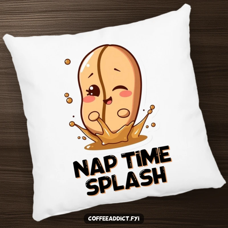 Funny coffee bean character winking playfully while splashing a little liquid on a plush pillow, adding a touch of fun.