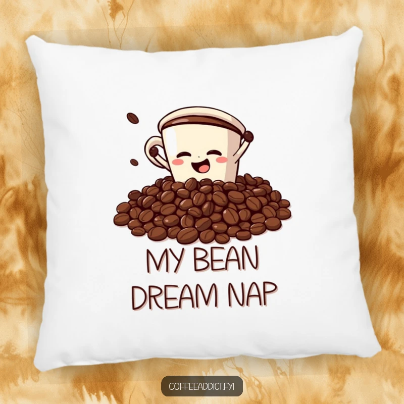 Funny Pillow: Coffee cup character dramatically faceplanting into a pile of coffee beans, providing humorous comfort and comical decor.